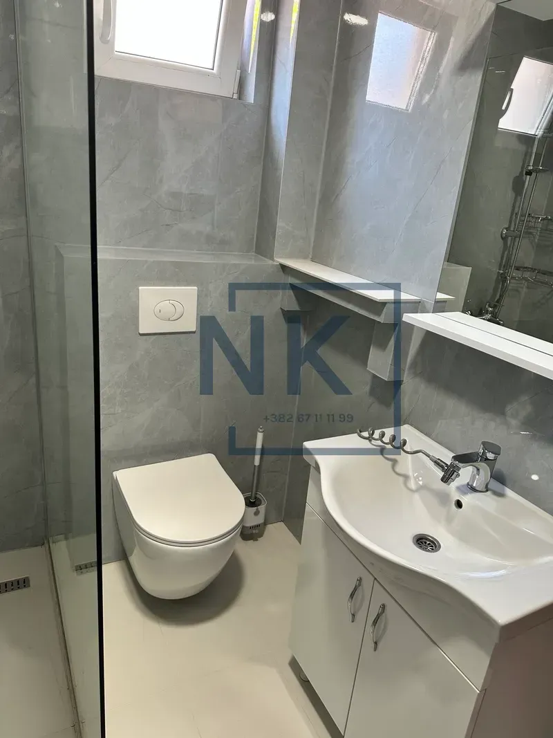Modernly equipped bathroom with a walk-in shower, washbasin, and toilet.