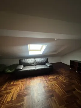 Dnevna soba u potkrovlju sa kožnim kaučem i krovnim prozorom. - image 2