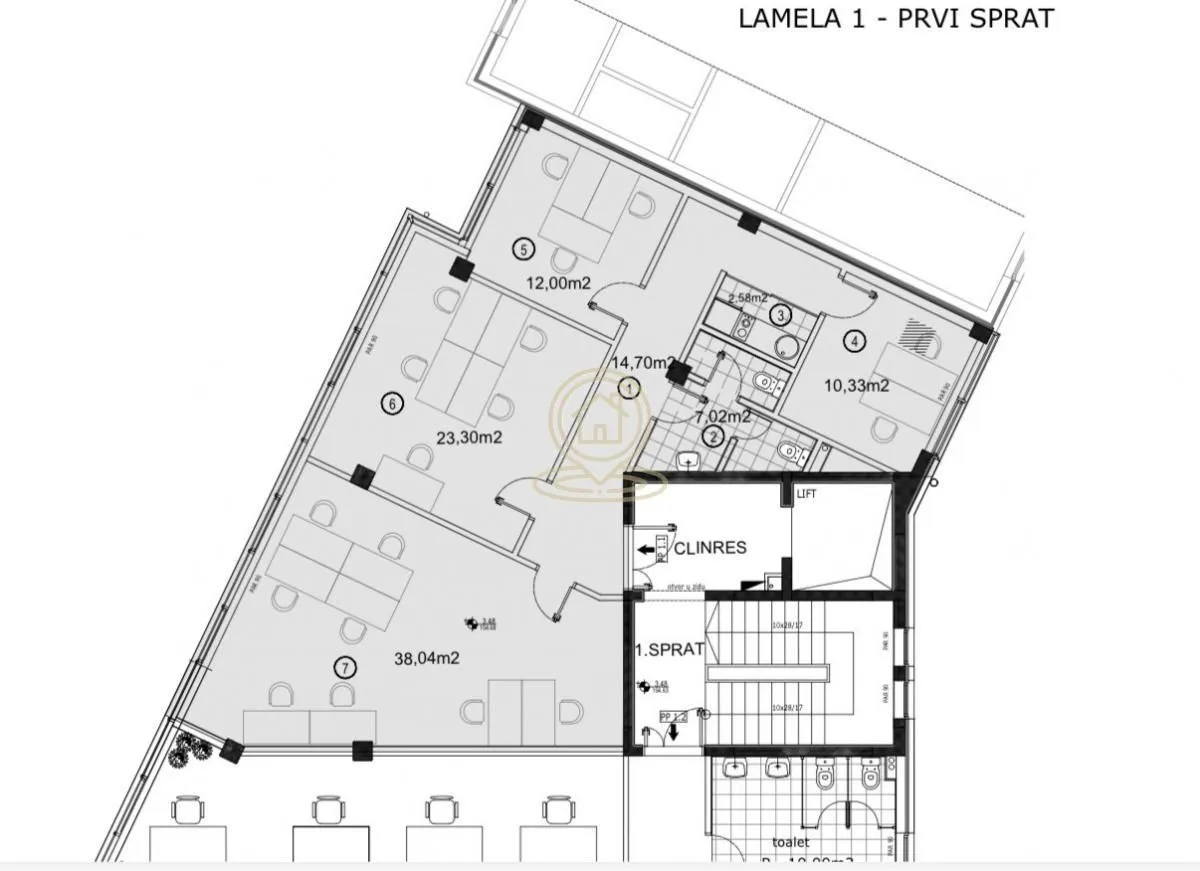 Floor plan of the first floor, lamela 1, showing the layout of the rooms.