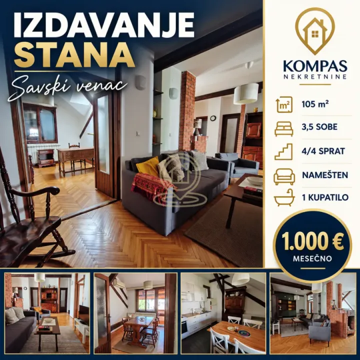 Izdavanje, trosoban stan, 105m², Savski Venac, Beograd