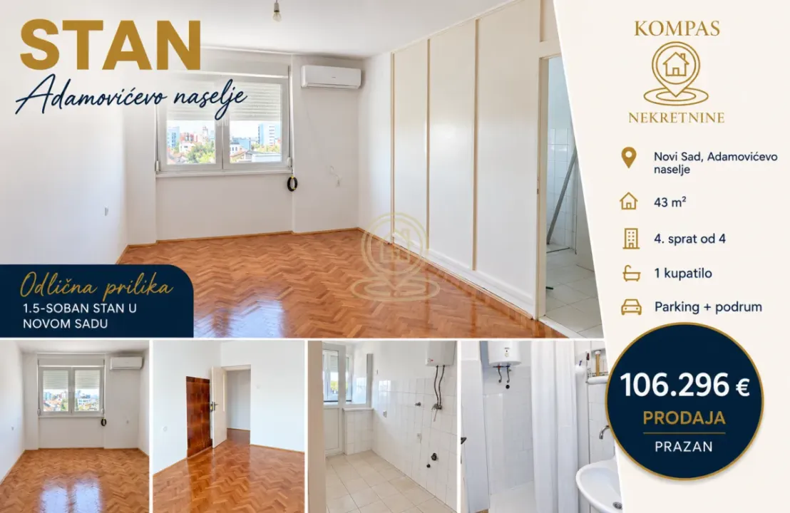 Sale, one bedroom apartment, 43m², Adamovićevo Naselje, Novi Sad Sve Podlokacije