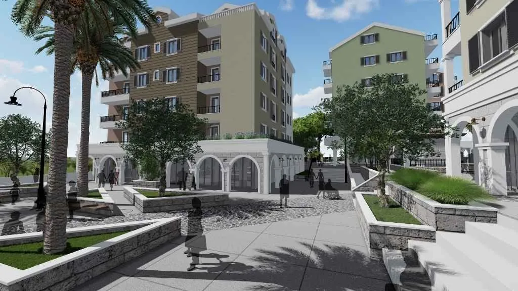 3D render eksterijera stambenog kompleksa sa trgom i zelenilom.