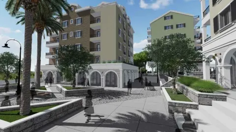3D render eksterijera stambenog kompleksa sa trgom i zelenilom. - image 6