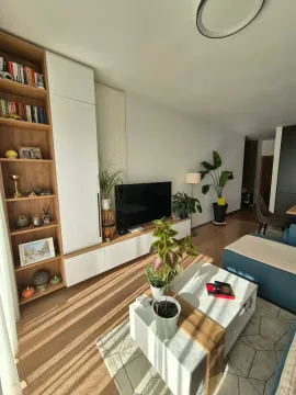 Bright and tidy living room with a sofa, TV unit, and bookshelf. - image 11