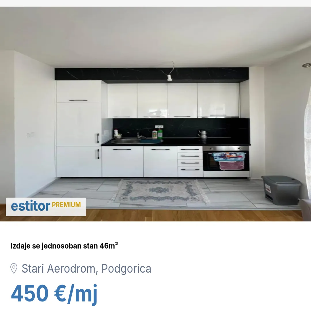 Izdavanje, jednosoban stan, 46m², Stari Aerodrom, Podgorica