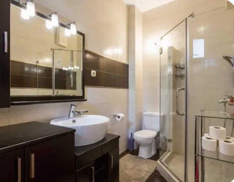 Modern bathroom with a sink, shower cabin, and toilet. - image 7