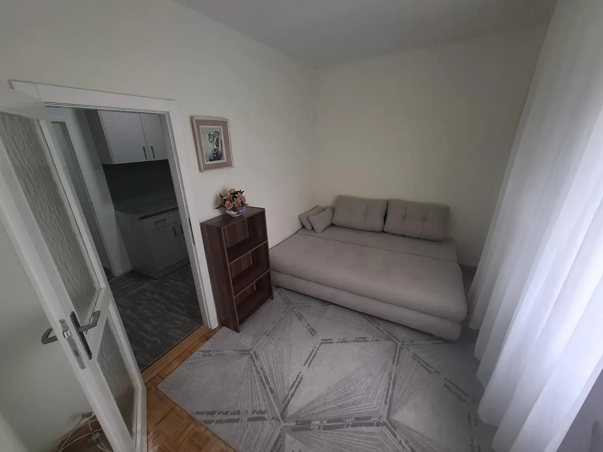 Small living room with a sofa bed and a view of the kitchen.