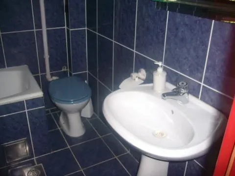 Kupatilo sa plavim pločicama i lavaboom. - image 5