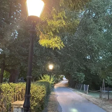 Uređena staza sa stubovima javne rasvjete okružena drvećem i zelenilom. - image 9