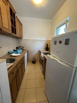 Manja drvena kuhinja sa bijelim frižiderom i sudoperom. - image 15