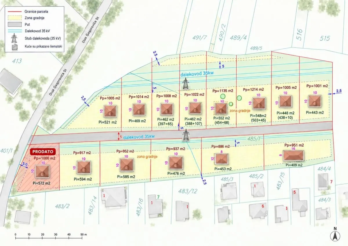 Katastarski plan i prikaz parcela sa ucrtanim objektima.