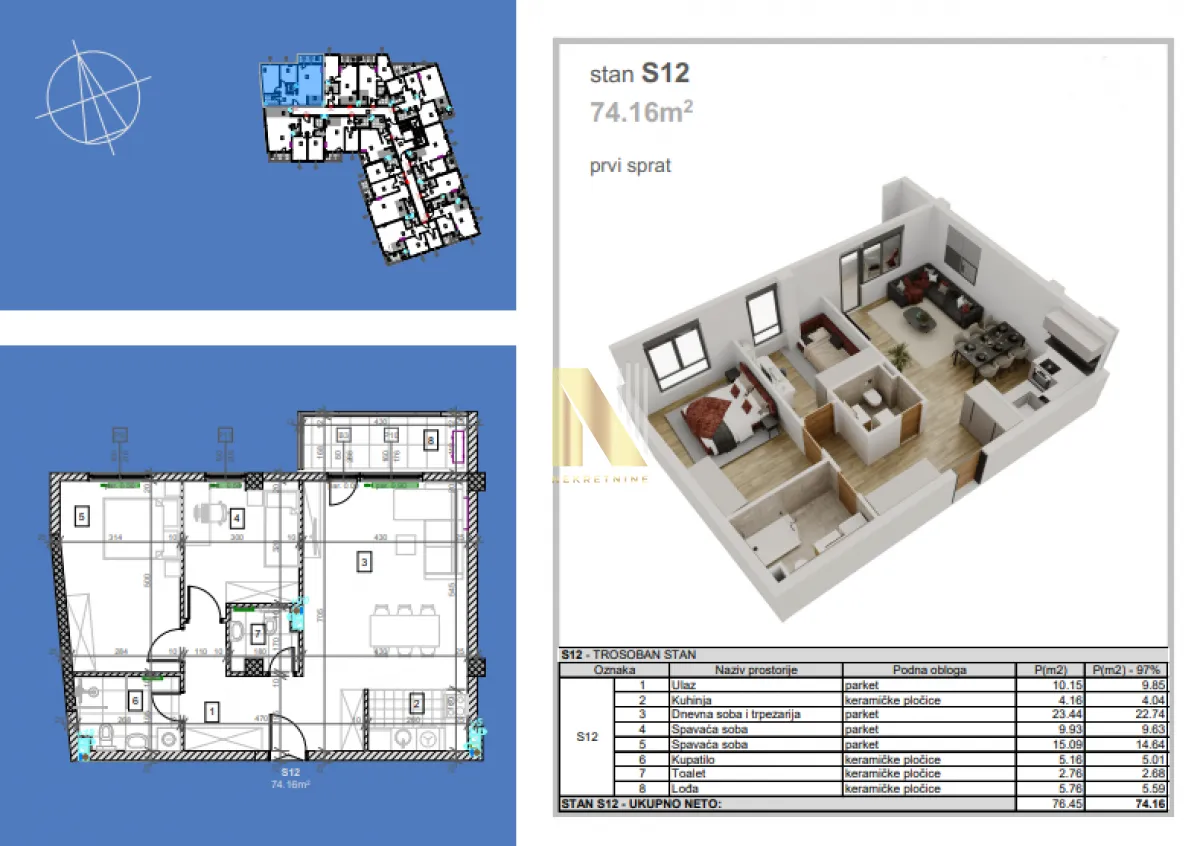 Sale, three bedroom apartment, 74m², Salajka, Novi Sad Sve Podlokacije