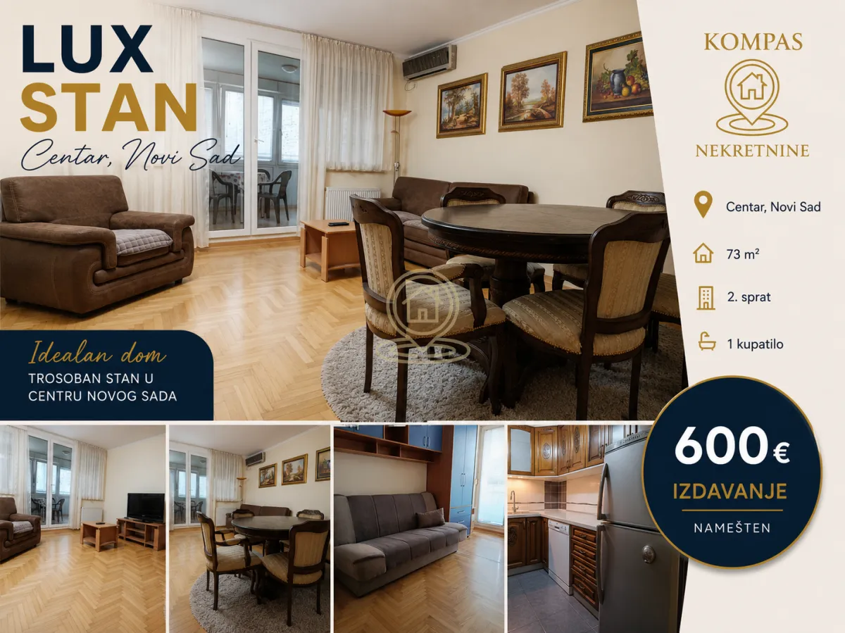 Izdavanje, trosoban stan, 73m², Centar, Novi Sad