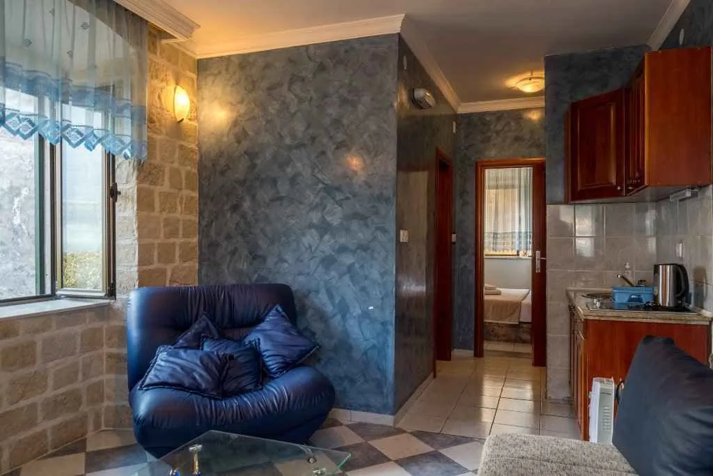 Dnevna soba sa plavom foteljom i kuhinjskim dijelom u pozadini.