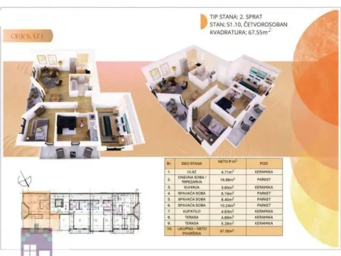 Sale, three bedroom apartment, 67m², Obrenovac, Beograd