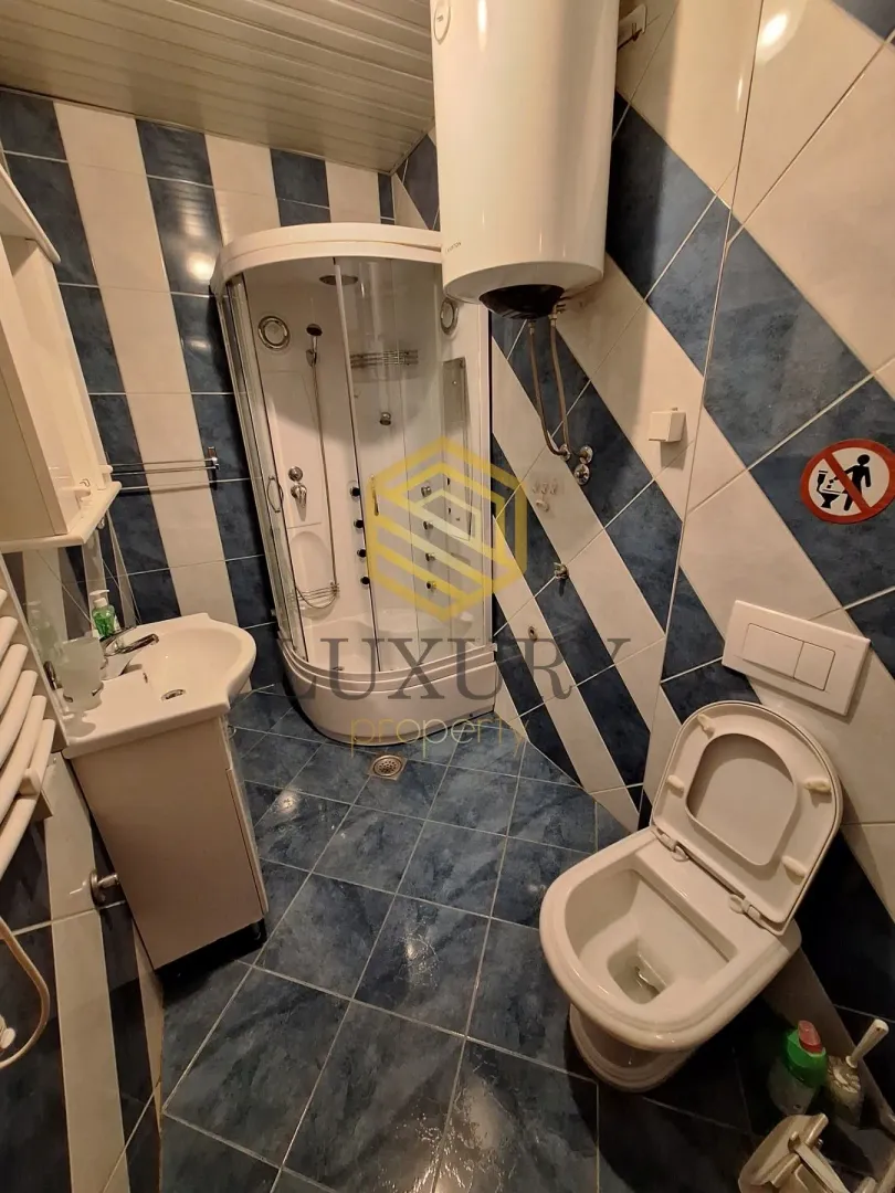 Small bathroom with a shower cabin, washbasin, and toilet.
