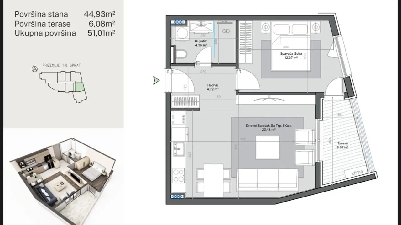 Sale, one bedroom apartment, 51m², Bjeliši, Bar