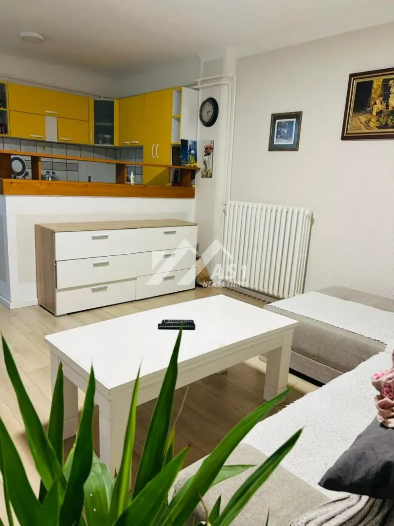 Dnevna soba sa garniturom, stočićem i pogledom na kuhinju u pozadini.