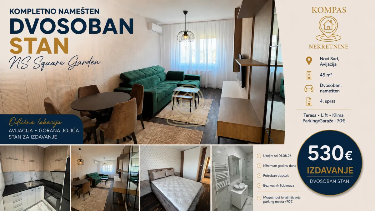 Izdavanje, dvosoban stan, 45m², Avijatičarsko naselje, Novi Sad Sve Podlokacije