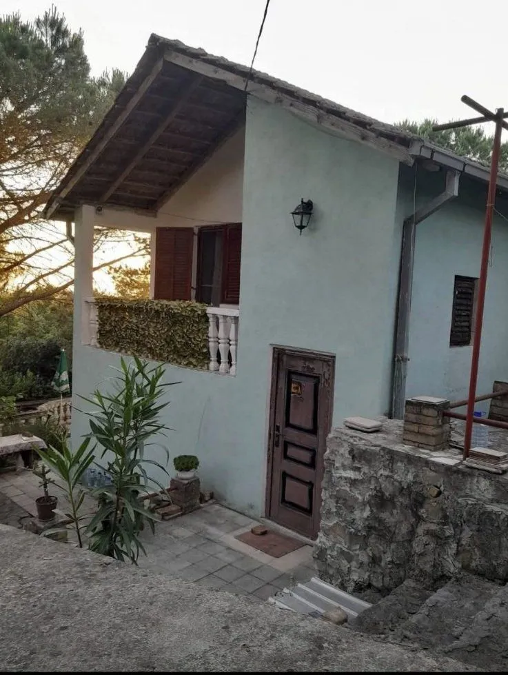 Exterior view of the house with a terrace and yard.