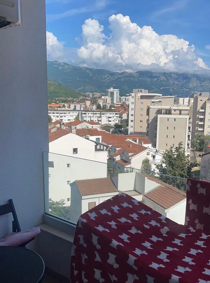 Pogled na grad i planine sa balkona.