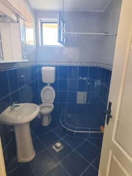 Manje kupatilo sa plavim pločicama, umivaonikom, WC šoljom i tuš kabinom. - image 5