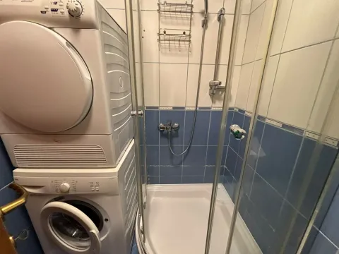 Kupatilo opremljeno tuš kabinom i mašinama za pranje i sušenje veša. - image 8
