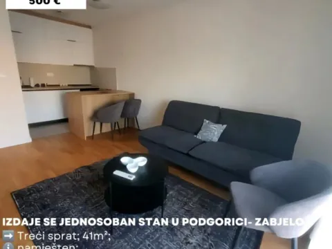 Rent, one bedroom apartment, 44m², Zabjelo, Podgorica