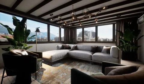 Living room with a large sofa, dark wooden ceiling beams, and large windows with a city view. - image 5