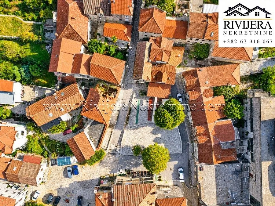 Aerial view of the historic town square and surrounding houses with red roofs.