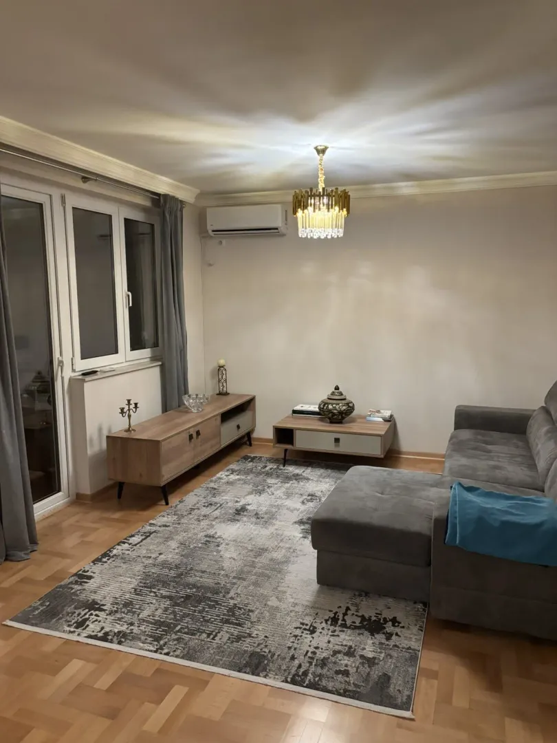 Svijetla dnevna soba sa modernim namještajem i parketom.