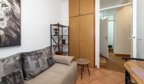 Small living room with a sofa, wooden wardrobe, and shelf. - image 8