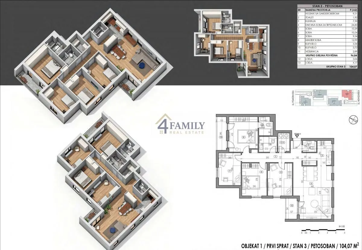 Arhitektonski prikaz osnove i 3D plan trodimenzionalnog prikaza stana sa tabelom površina.