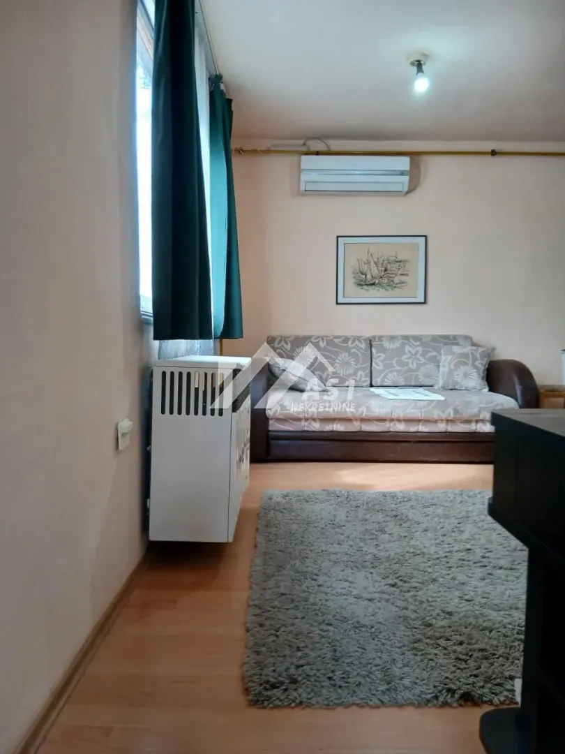 Dnevna soba sa garniturom za sedenje i klima uređajem.