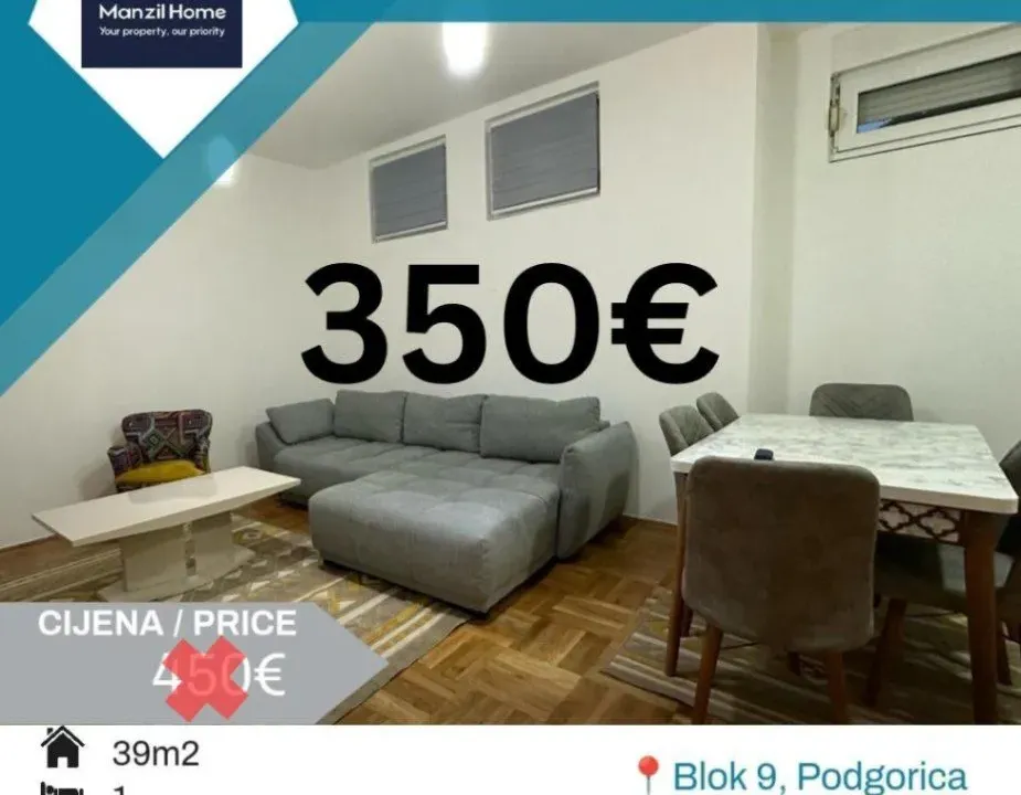 Izdavanje, jednosoban stan, 39m², Blok 9, Podgorica