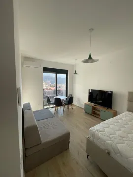 Pogled na dnevni boravak sa krevetom i trpezarijskim stolom blizu balkona. - image 6