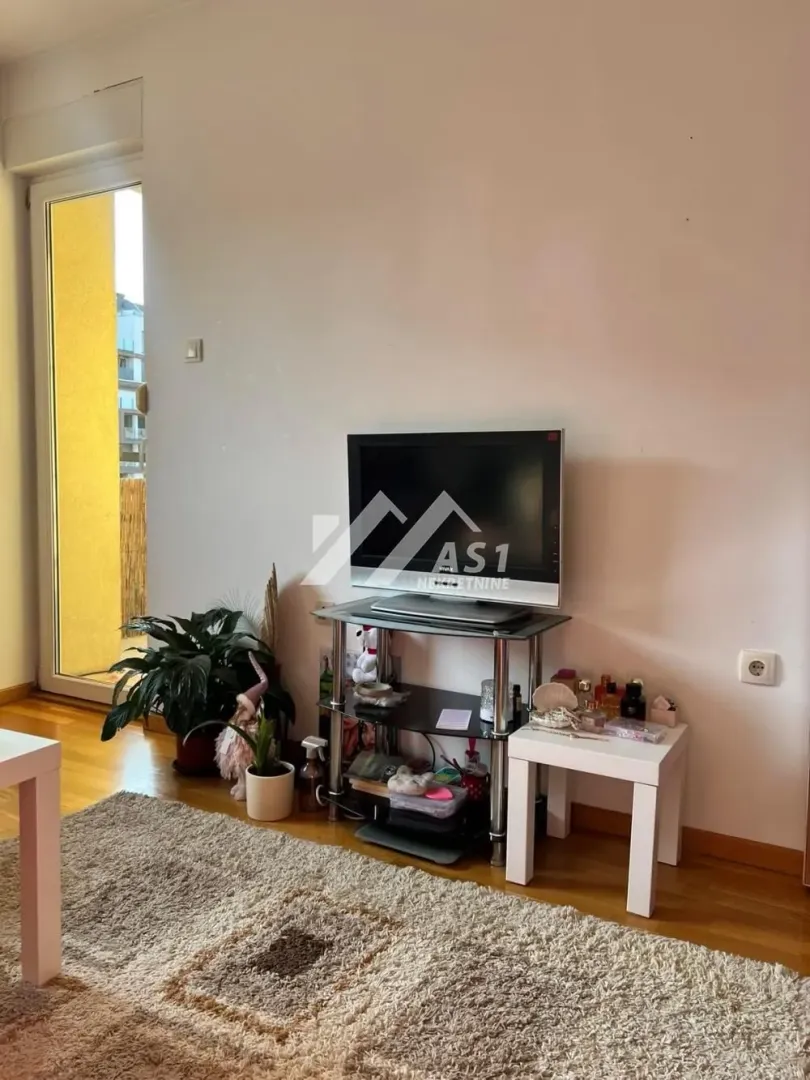 Dnevna soba sa televizorom na postolju i izlazom na terasu.