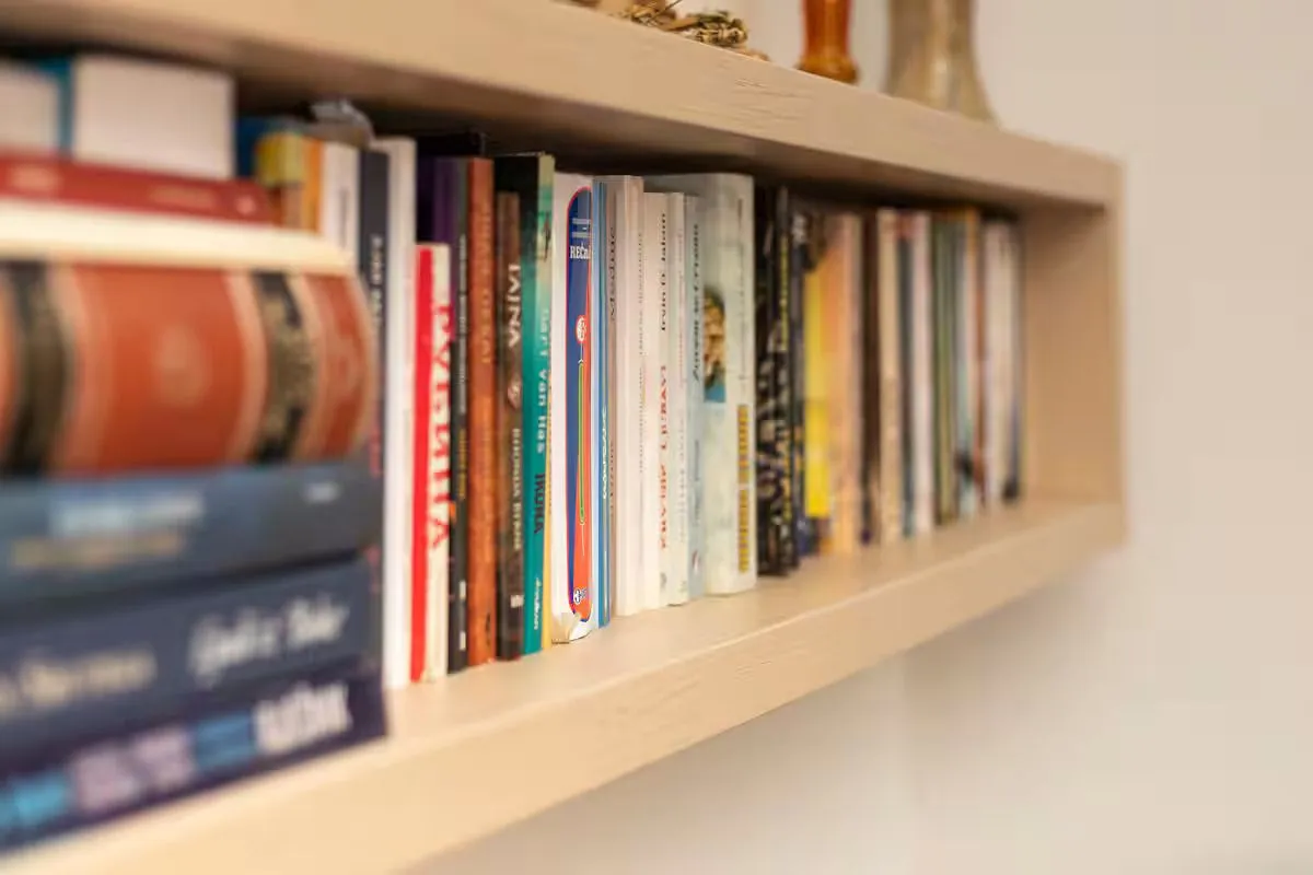 Wooden shelf with neatly arranged books on the wall.