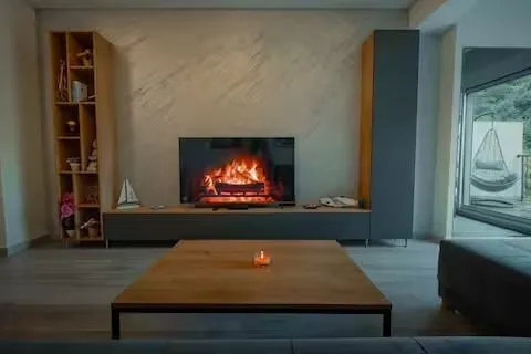 Living room with sofa, coffee table, and TV showing a fireplace.