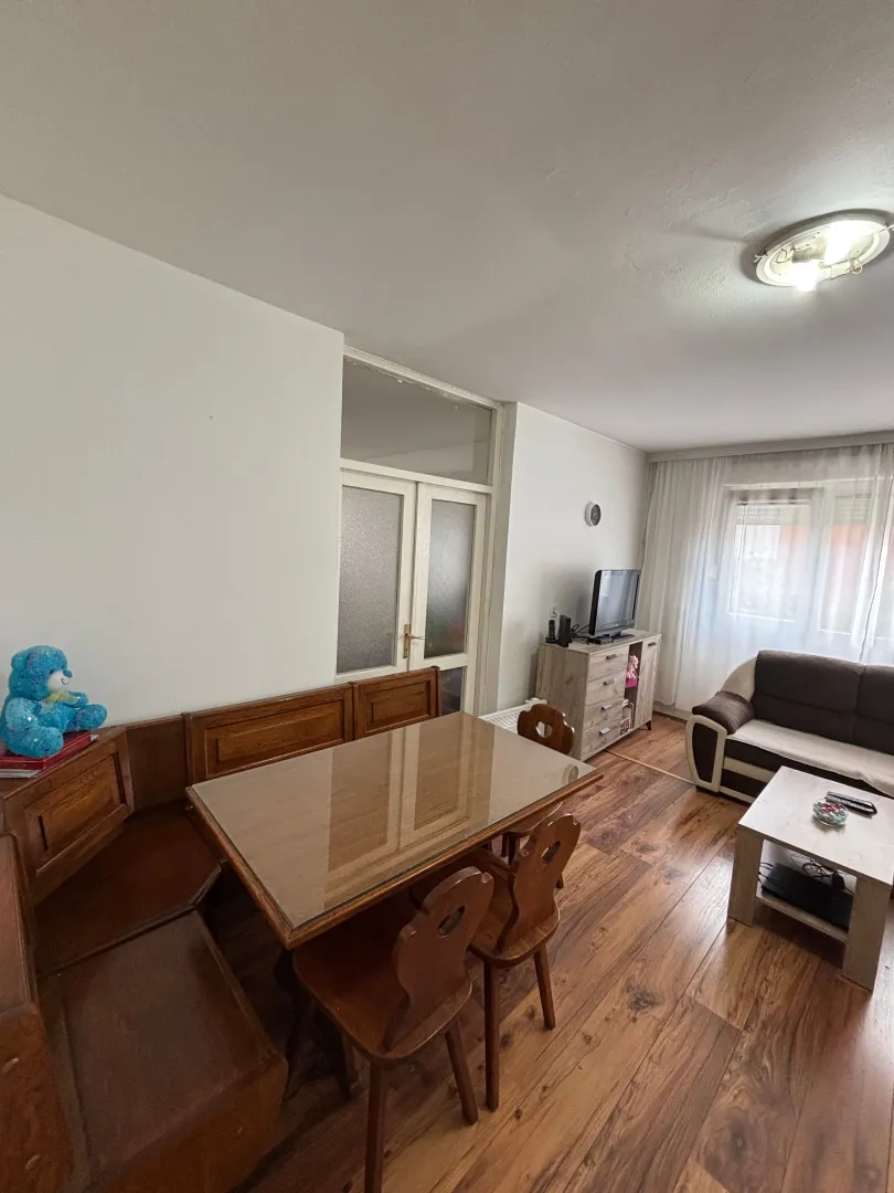 Dnevni boravak sa trpezarijom i drvenim namještajem.