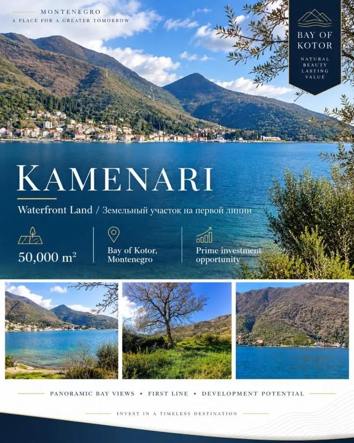 Reklamni letak sa panoramskim pogledom na zaliv i okolne planine.