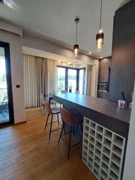 Moderna kuhinja sa šankom, barskim stolicama i ugradnim elementima. - image 14