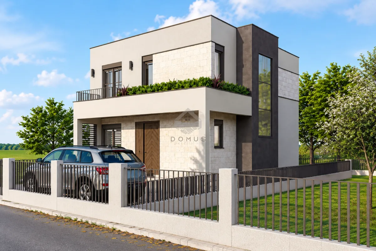 Exterior of a modern two-story house with a yard, fence, and parked car.