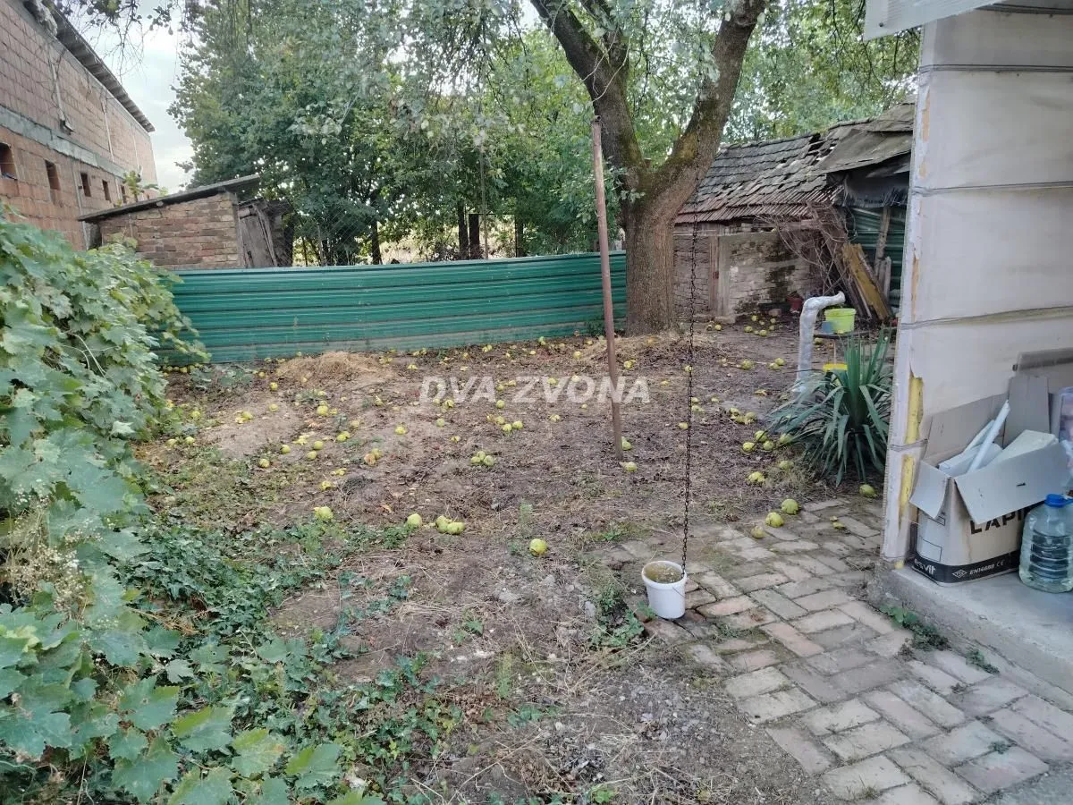 Pogled na dvorište kuće sa voćem i pomoćnim objektima.