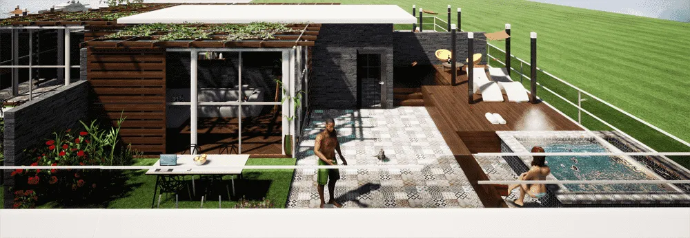 3D vizuelizacija moderne kuće sa prostranom terasom i bazenom.