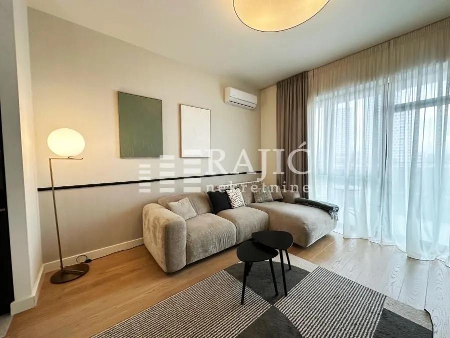 Modern and bright living room with a sofa and a rug.