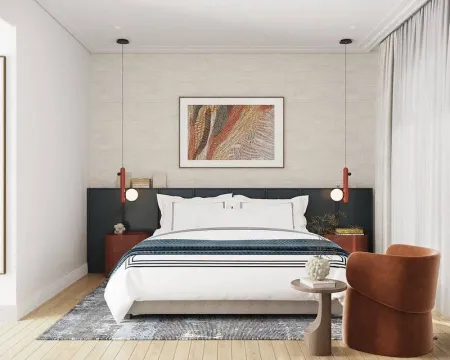 Moderna spavaća soba sa bračnim krevetom, foteljom i visećim lampama. - image 7