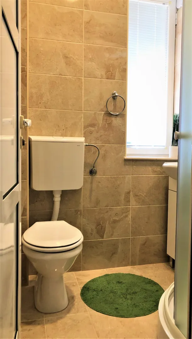 Pogled na kupatilo sa wc šoljom i keramičkim pločicama.