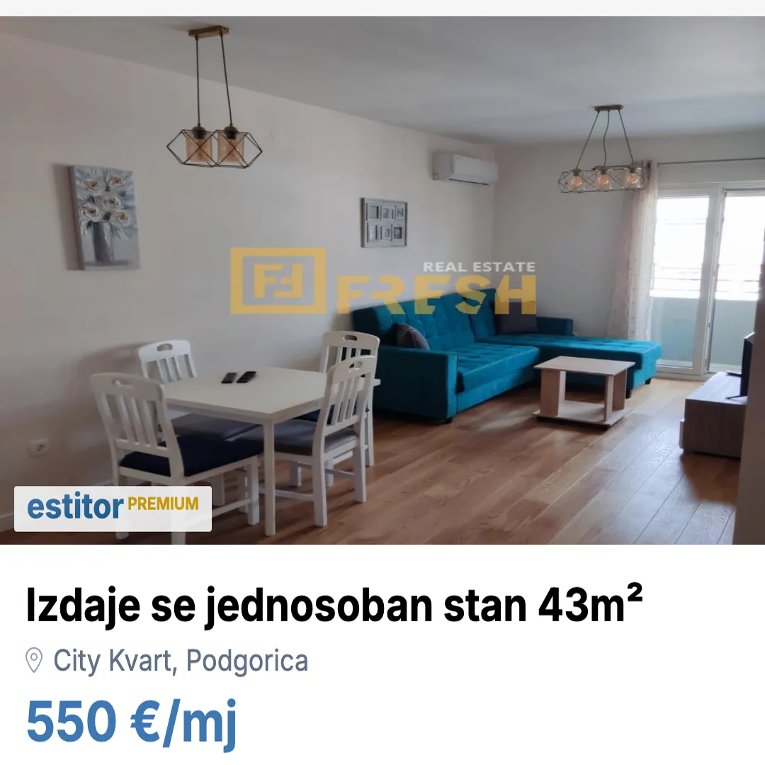 Izdavanje, jednosoban stan, 43m², City Kvart, Podgorica