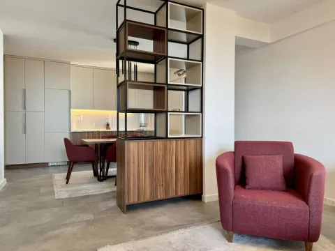 Modern living room with an armchair and a partition shelf. - image 14
